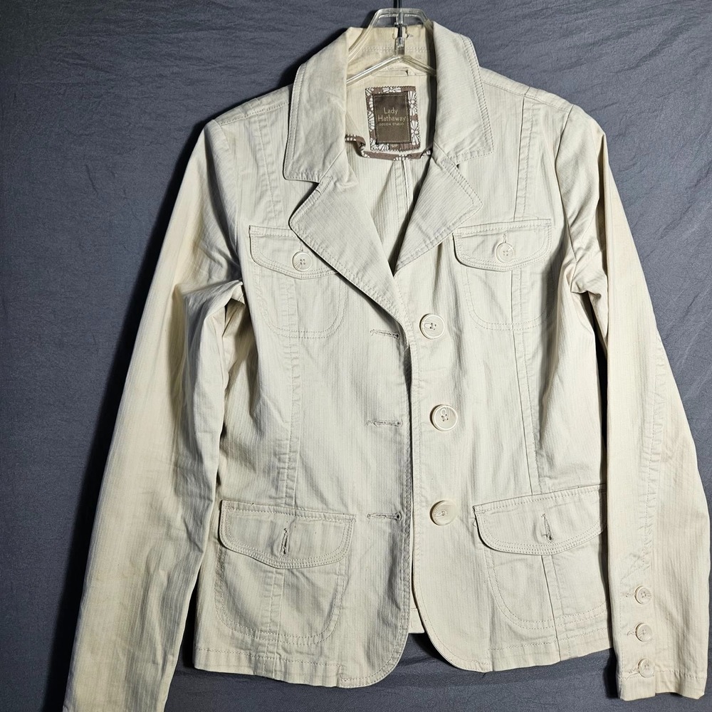 Lady Hathaway Womens Blazer Jacket S Stone Beige Cotton Herringbone Utility